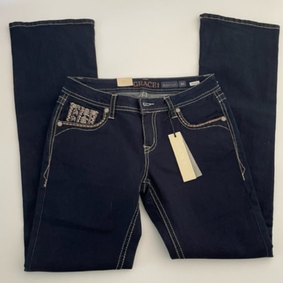 GRACE in LA | Dark Denim Detail Embellishment Bootcut Jeans ~ Size 30 ~ BNWT - Picture 2 of 12